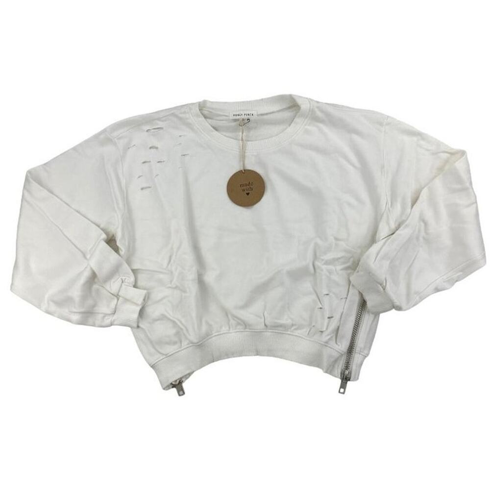 Honey Punch - Distressed Crop Sweatshirt with Zip Sides in Off White